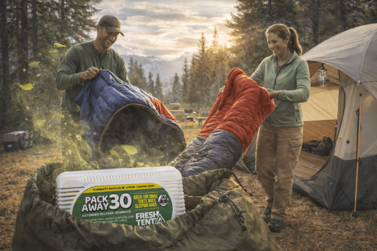 A happy couple are setting up camp with odor-free gear