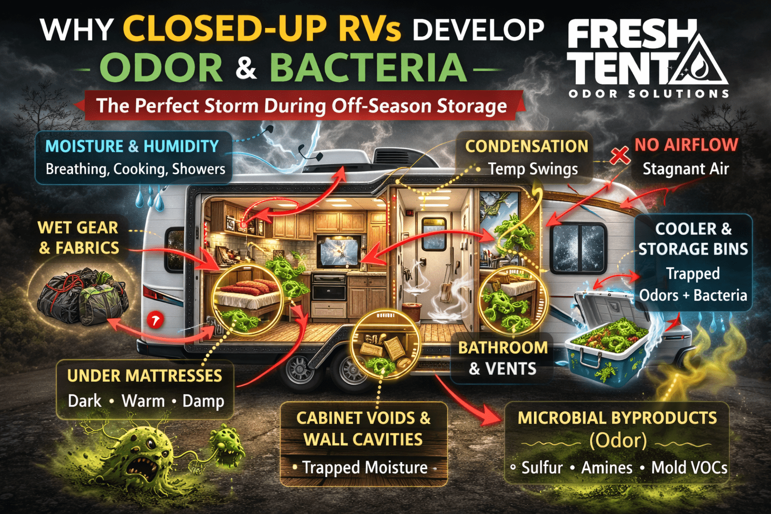 Where odors develop in RV's and campers