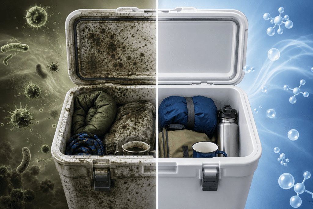 image of a split view of a cooler with one side with mold and the otherside clean.
