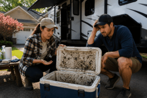 image of a couple that found the cooler all moldy after being put away all winter.