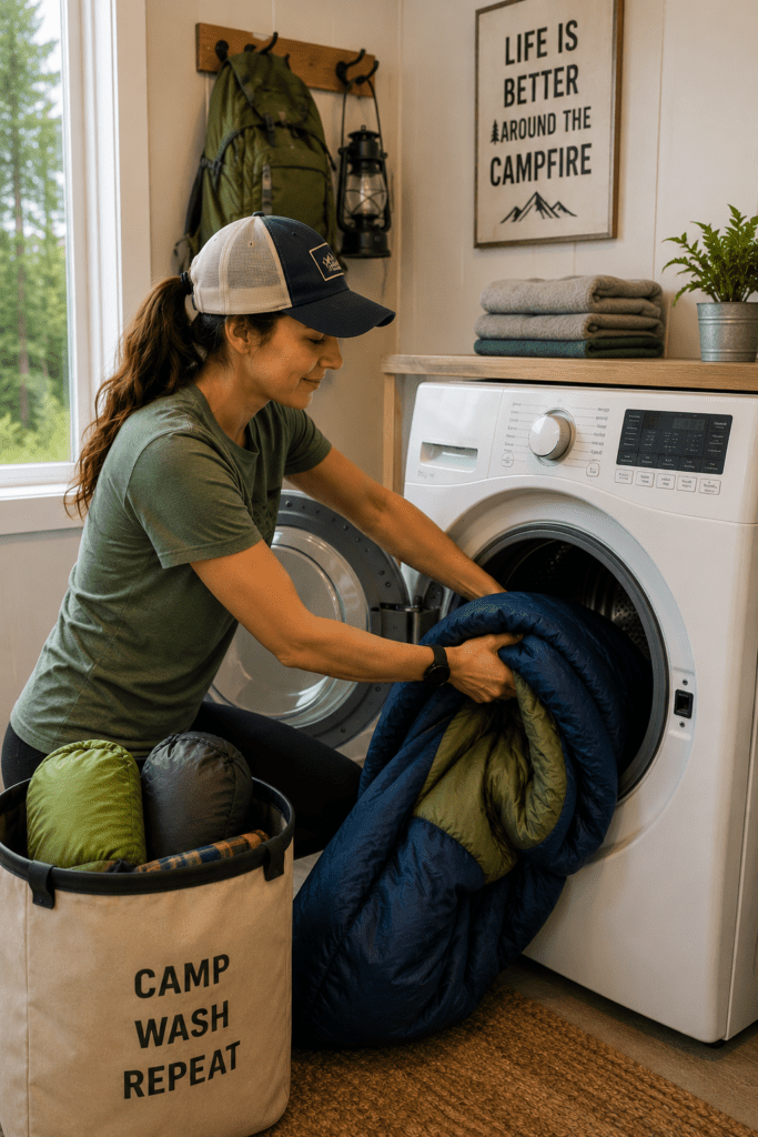 image of a woman washing her sleeping bag in her washing machine