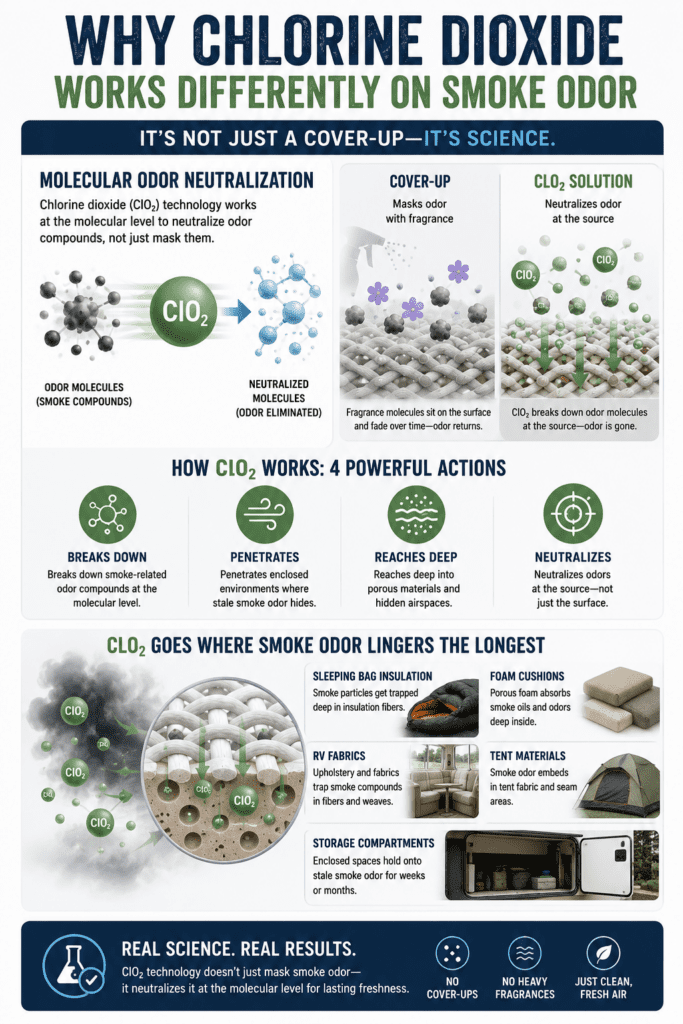 infograph showing why Chlorine Dioxide is best at removing smoke odor