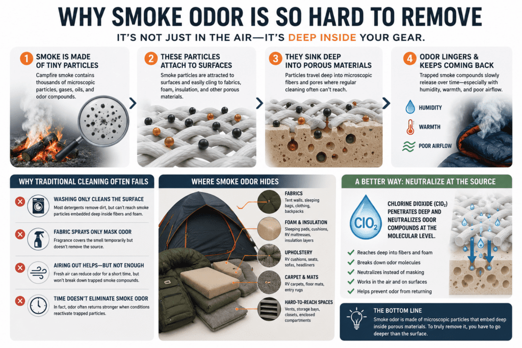 infograph showing why smoke odor sticks to camping gear. 