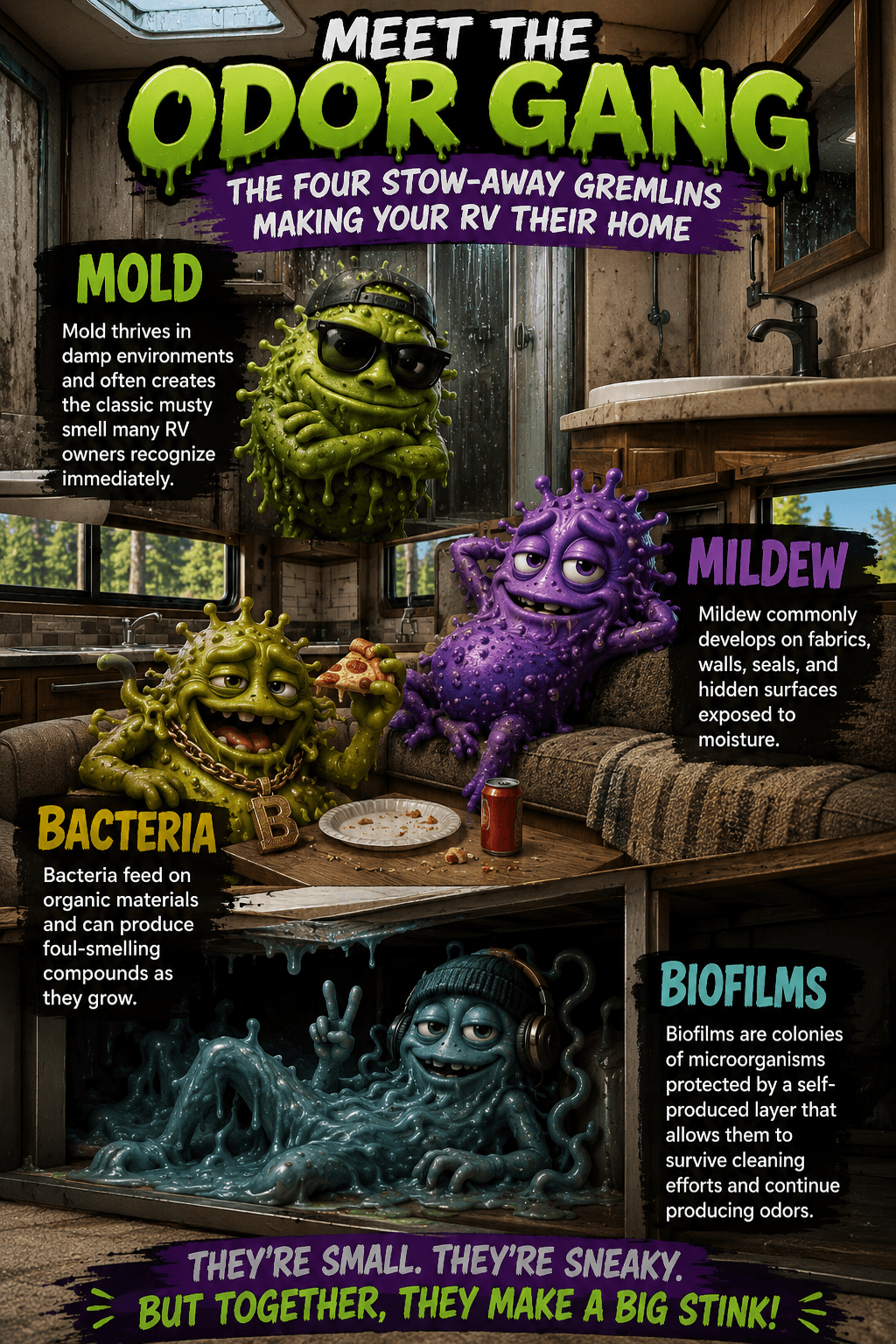 Meet the odor gang, an image displaying a character potrayal of mold, mildew, bacteria and biofilms and where you can find them in your RV