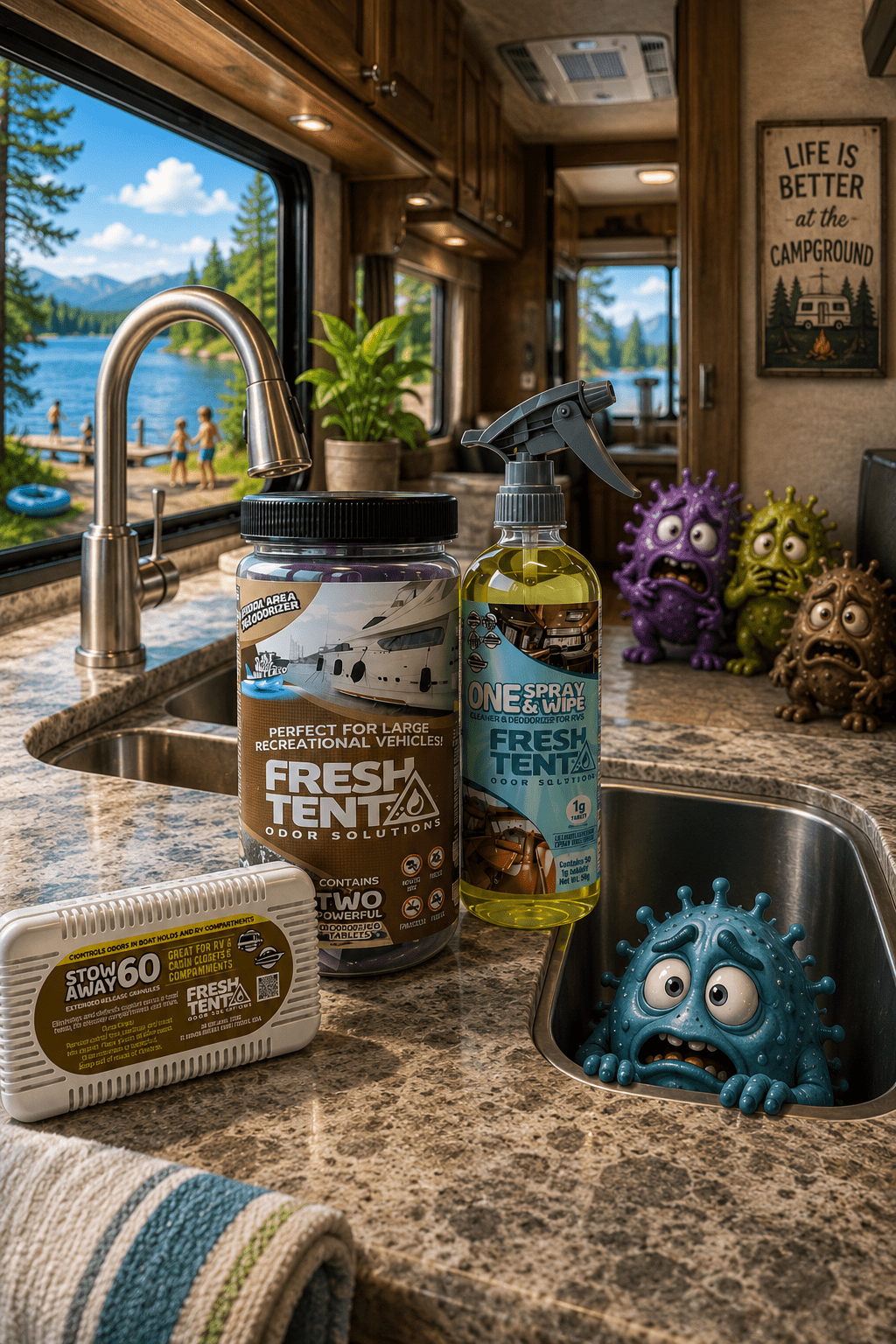 image of three products that are excellent to rid your RV of mold bacteria mildew and odors.