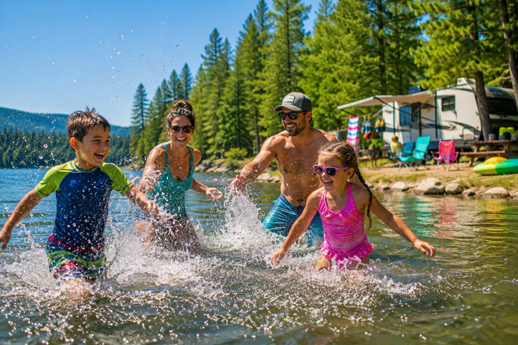 summer fun at the lake as a family enjoys the water together.
