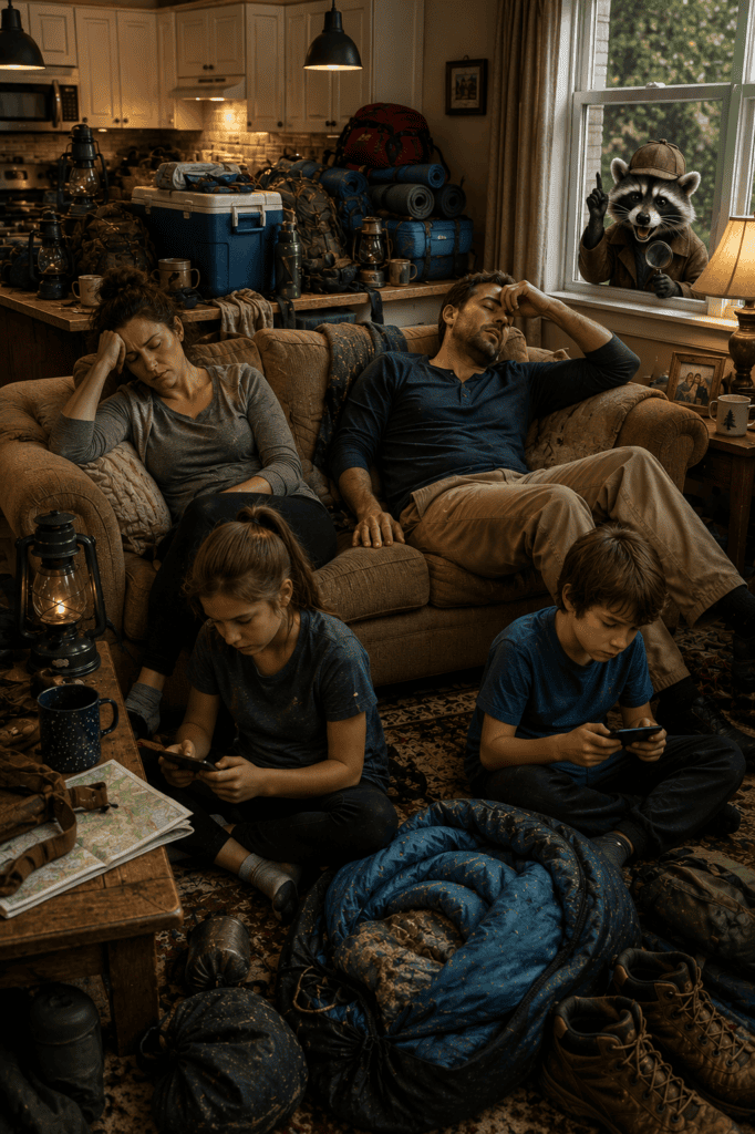 Tired family leaves wet camping gear unattended which causes odors in gear.