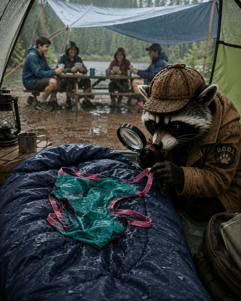 Rascal secretly inspects a wet swimsuit left on the sleeping bag as the campers play cards unknowingly.