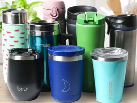 Coffee mugs, water bottles and travel cups are all made new with ClO2