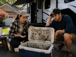 image of a couple that found the cooler all moldy after being put away all winter.